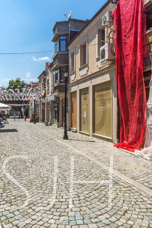 KAPANA, PLOVDIV, BULGARIA - JULY 5, 2018:  Street and houses in district Kapana, city of Plovdiv, Bulgaria