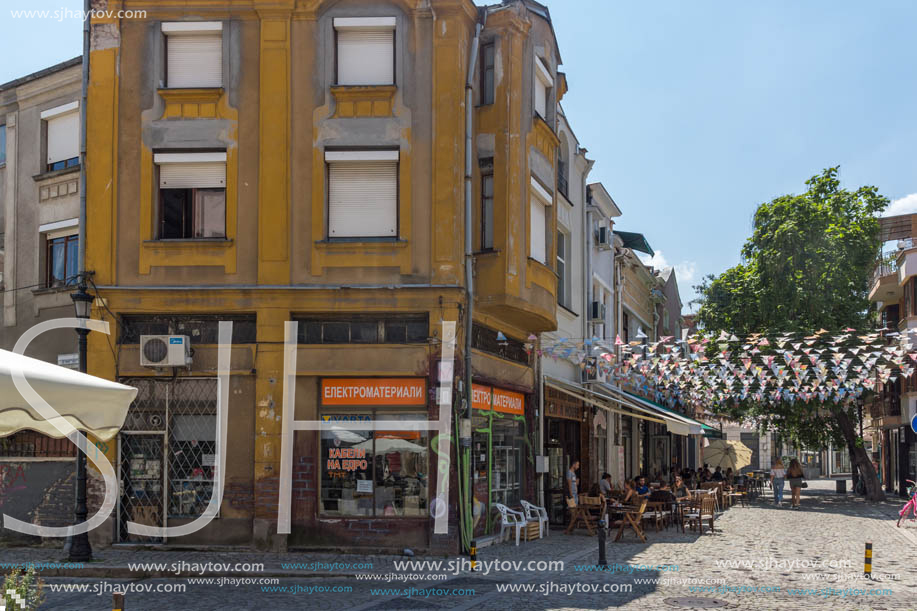 KAPANA, PLOVDIV, BULGARIA - JULY 5, 2018:  Street and houses in district Kapana, city of Plovdiv, Bulgaria