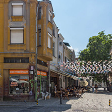 KAPANA, PLOVDIV, BULGARIA - JULY 5, 2018:  Street and houses in district Kapana, city of Plovdiv, Bulgaria