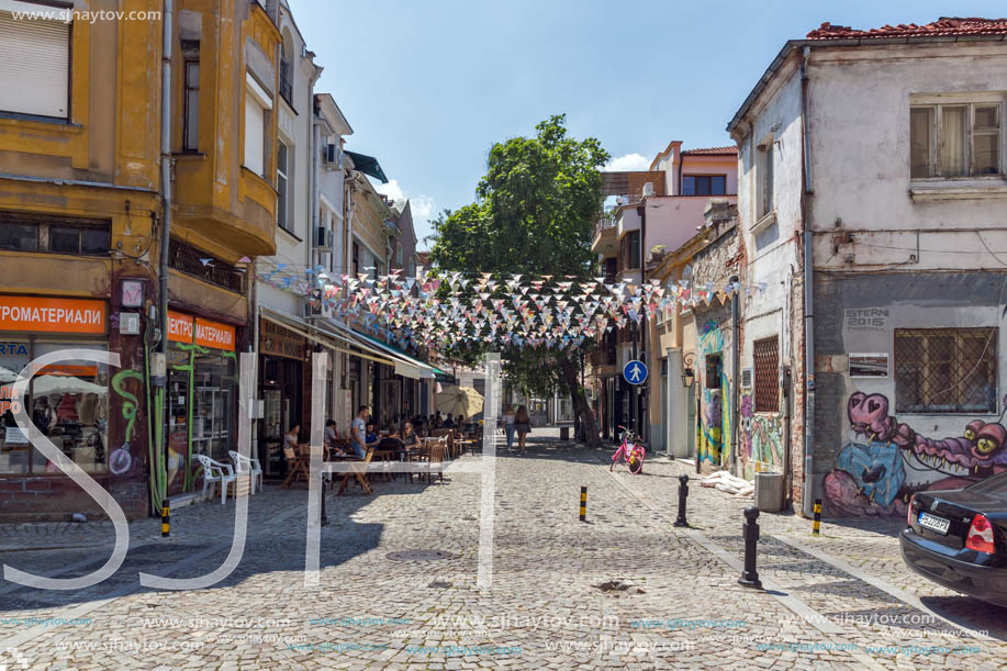 KAPANA, PLOVDIV, BULGARIA - JULY 5, 2018:  Street and houses in district Kapana, city of Plovdiv, Bulgaria