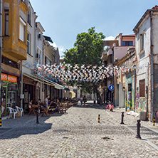 KAPANA, PLOVDIV, BULGARIA - JULY 5, 2018:  Street and houses in district Kapana, city of Plovdiv, Bulgaria