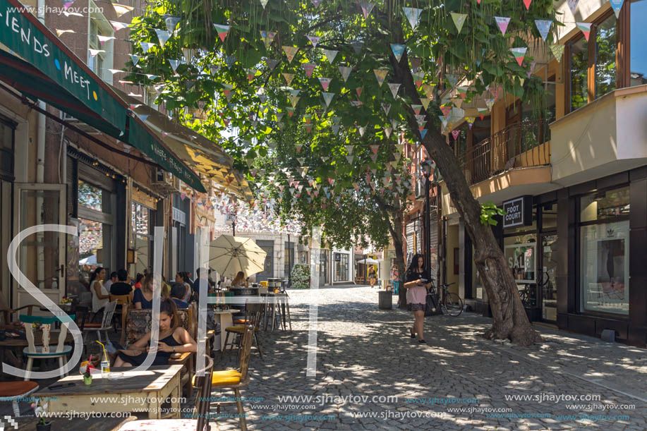 KAPANA, PLOVDIV, BULGARIA - JULY 5, 2018:  Street and houses in district Kapana, city of Plovdiv, Bulgaria