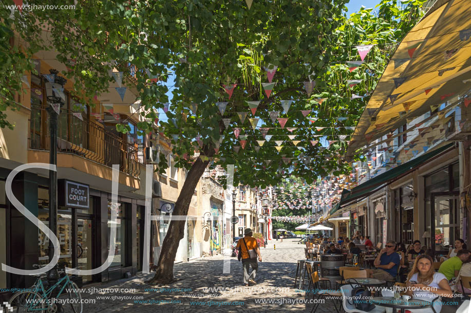 KAPANA, PLOVDIV, BULGARIA - JULY 5, 2018:  Street and houses in district Kapana, city of Plovdiv, Bulgaria