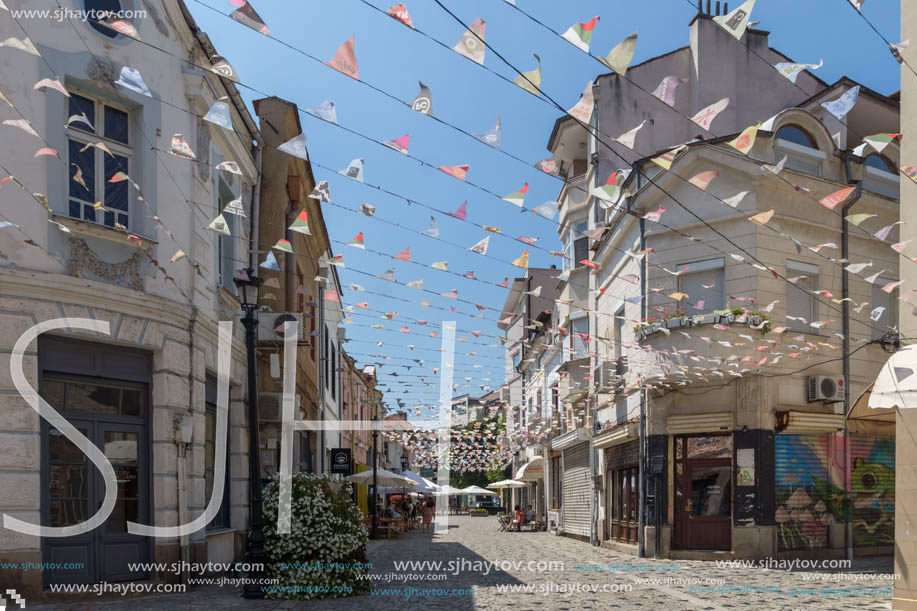 KAPANA, PLOVDIV, BULGARIA - JULY 5, 2018:  Street and houses in district Kapana, city of Plovdiv, Bulgaria