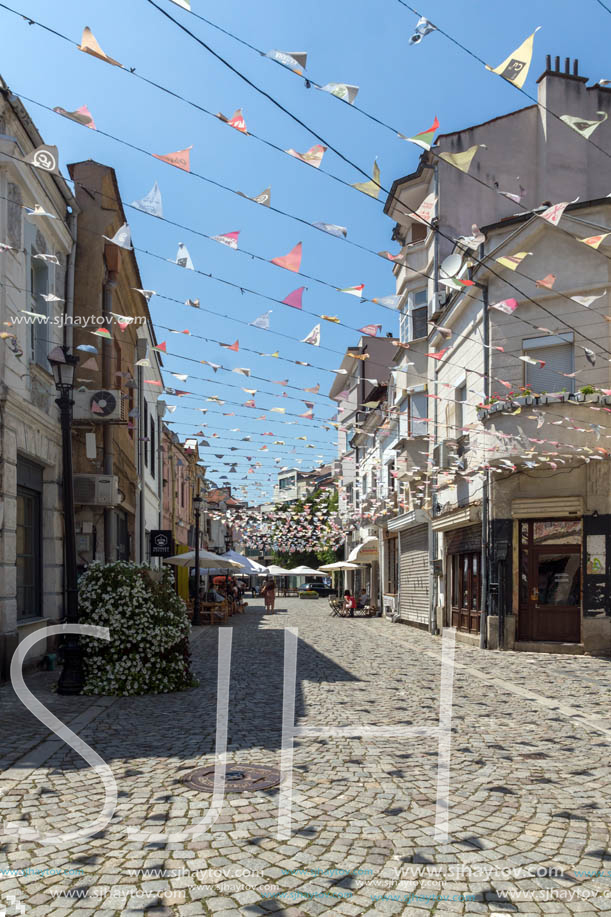 KAPANA, PLOVDIV, BULGARIA - JULY 5, 2018:  Street and houses in district Kapana, city of Plovdiv, Bulgaria