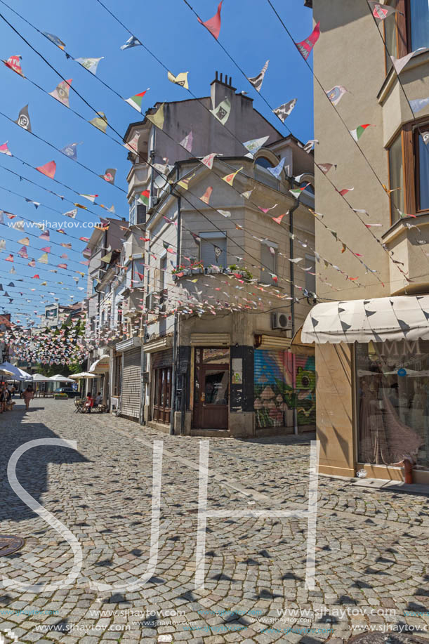 KAPANA, PLOVDIV, BULGARIA - JULY 5, 2018:  Street and houses in district Kapana, city of Plovdiv, Bulgaria