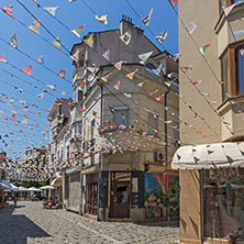 KAPANA, PLOVDIV, BULGARIA - JULY 5, 2018:  Street and houses in district Kapana, city of Plovdiv, Bulgaria