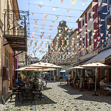 KAPANA, PLOVDIV, BULGARIA - JULY 5, 2018:  Street and houses in district Kapana, city of Plovdiv, Bulgaria