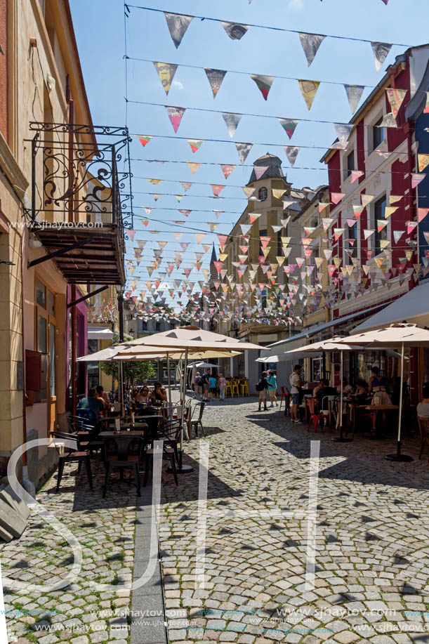 KAPANA, PLOVDIV, BULGARIA - JULY 5, 2018:  Street and houses in district Kapana, city of Plovdiv, Bulgaria