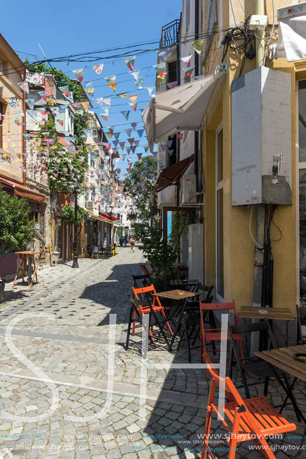 KAPANA, PLOVDIV, BULGARIA - JULY 5, 2018:  Street and houses in district Kapana, city of Plovdiv, Bulgaria