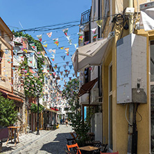 KAPANA, PLOVDIV, BULGARIA - JULY 5, 2018:  Street and houses in district Kapana, city of Plovdiv, Bulgaria