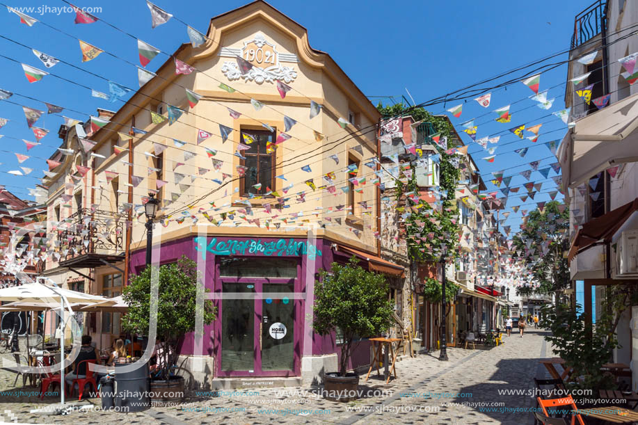 KAPANA, PLOVDIV, BULGARIA - JULY 5, 2018:  Street and houses in district Kapana, city of Plovdiv, Bulgaria