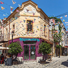 KAPANA, PLOVDIV, BULGARIA - JULY 5, 2018:  Street and houses in district Kapana, city of Plovdiv, Bulgaria