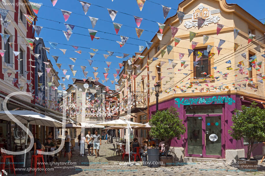 KAPANA, PLOVDIV, BULGARIA - JULY 5, 2018:  Street and houses in district Kapana, city of Plovdiv, Bulgaria