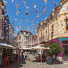 KAPANA, PLOVDIV, BULGARIA - JULY 5, 2018:  Street and houses in district Kapana, city of Plovdiv, Bulgaria