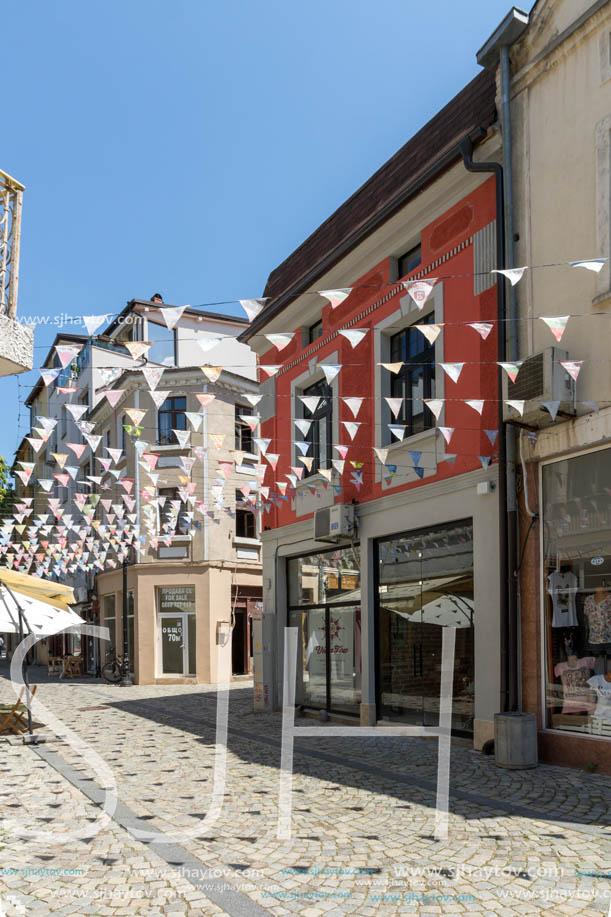 KAPANA, PLOVDIV, BULGARIA - JULY 5, 2018:  Street and houses in district Kapana, city of Plovdiv, Bulgaria