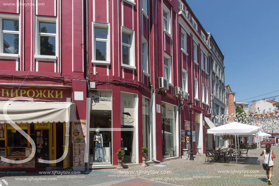 KAPANA, PLOVDIV, BULGARIA - JULY 5, 2018:  Street and houses in district Kapana, city of Plovdiv, Bulgaria