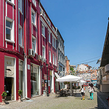 KAPANA, PLOVDIV, BULGARIA - JULY 5, 2018:  Street and houses in district Kapana, city of Plovdiv, Bulgaria