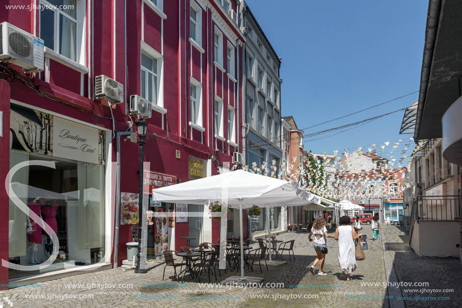 KAPANA, PLOVDIV, BULGARIA - JULY 5, 2018:  Street and houses in district Kapana, city of Plovdiv, Bulgaria