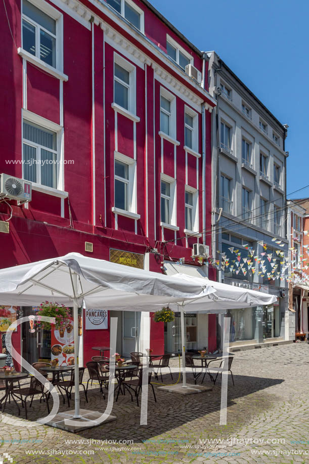 KAPANA, PLOVDIV, BULGARIA - JULY 5, 2018:  Street and houses in district Kapana, city of Plovdiv, Bulgaria