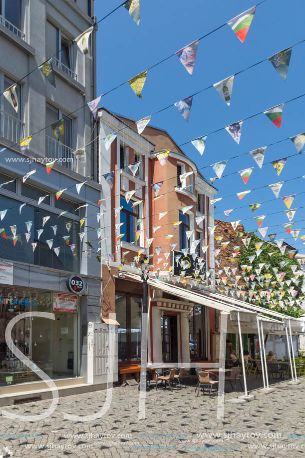 KAPANA, PLOVDIV, BULGARIA - JULY 5, 2018:  Street and houses in district Kapana, city of Plovdiv, Bulgaria