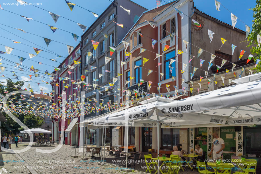 KAPANA, PLOVDIV, BULGARIA - JULY 5, 2018:  Street and houses in district Kapana, city of Plovdiv, Bulgaria