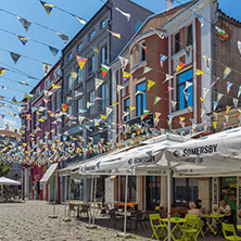 KAPANA, PLOVDIV, BULGARIA - JULY 5, 2018:  Street and houses in district Kapana, city of Plovdiv, Bulgaria