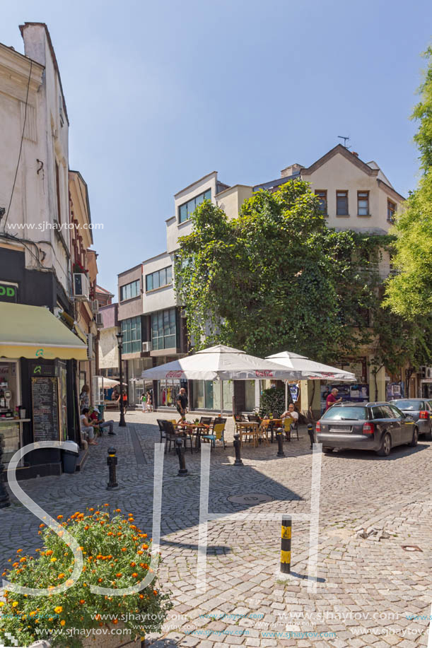 KAPANA, PLOVDIV, BULGARIA - JULY 5, 2018:  Street and houses in district Kapana, city of Plovdiv, Bulgaria