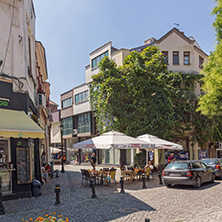 KAPANA, PLOVDIV, BULGARIA - JULY 5, 2018:  Street and houses in district Kapana, city of Plovdiv, Bulgaria