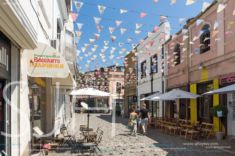 KAPANA, PLOVDIV, BULGARIA - JULY 5, 2018:  Street and houses in district Kapana, city of Plovdiv, Bulgaria