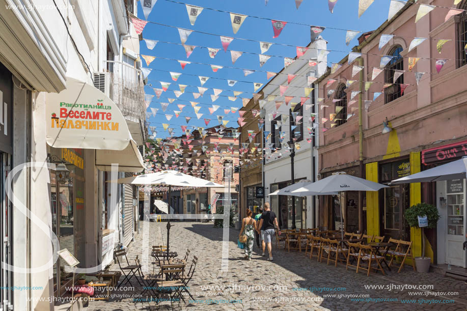 KAPANA, PLOVDIV, BULGARIA - JULY 5, 2018:  Street and houses in district Kapana, city of Plovdiv, Bulgaria