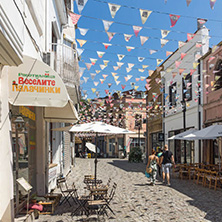 KAPANA, PLOVDIV, BULGARIA - JULY 5, 2018:  Street and houses in district Kapana, city of Plovdiv, Bulgaria