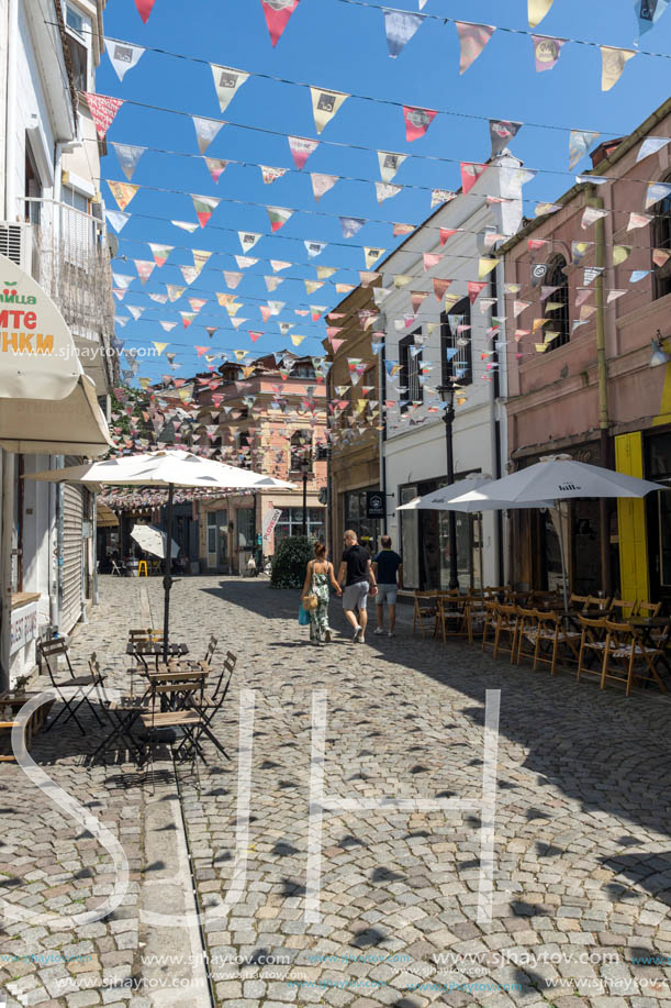 KAPANA, PLOVDIV, BULGARIA - JULY 5, 2018:  Street and houses in district Kapana, city of Plovdiv, Bulgaria