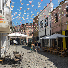 KAPANA, PLOVDIV, BULGARIA - JULY 5, 2018:  Street and houses in district Kapana, city of Plovdiv, Bulgaria