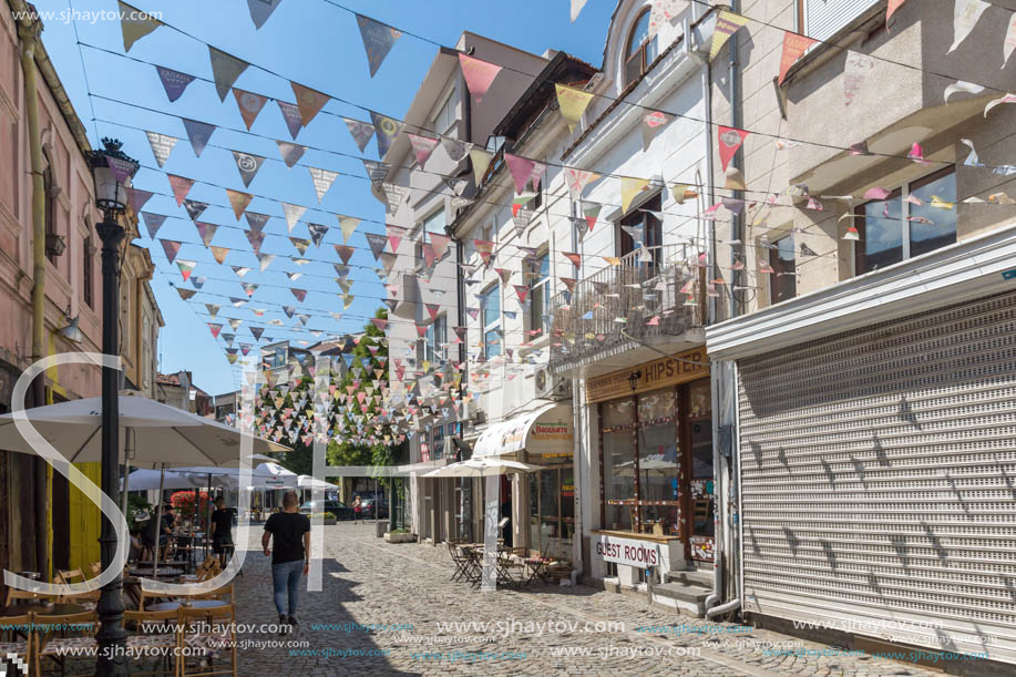 KAPANA, PLOVDIV, BULGARIA - JULY 5, 2018:  Street and houses in district Kapana, city of Plovdiv, Bulgaria