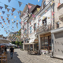 KAPANA, PLOVDIV, BULGARIA - JULY 5, 2018:  Street and houses in district Kapana, city of Plovdiv, Bulgaria