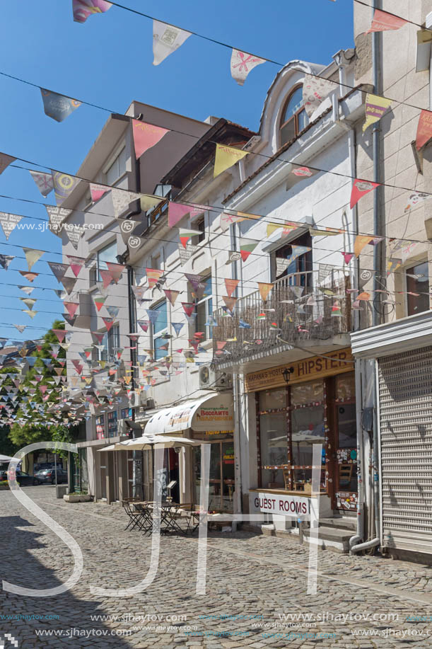 KAPANA, PLOVDIV, BULGARIA - JULY 5, 2018:  Street and houses in district Kapana, city of Plovdiv, Bulgaria