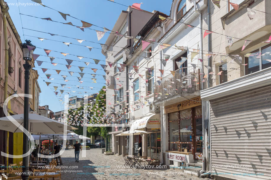 KAPANA, PLOVDIV, BULGARIA - JULY 5, 2018:  Street and houses in district Kapana, city of Plovdiv, Bulgaria