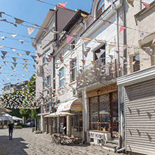 KAPANA, PLOVDIV, BULGARIA - JULY 5, 2018:  Street and houses in district Kapana, city of Plovdiv, Bulgaria