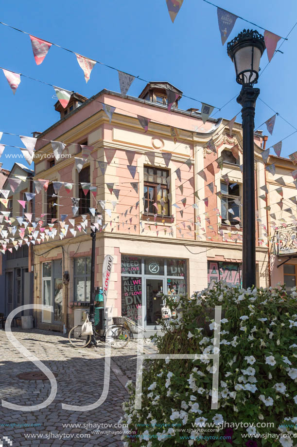 KAPANA, PLOVDIV, BULGARIA - JULY 5, 2018:  Street and houses in district Kapana, city of Plovdiv, Bulgaria