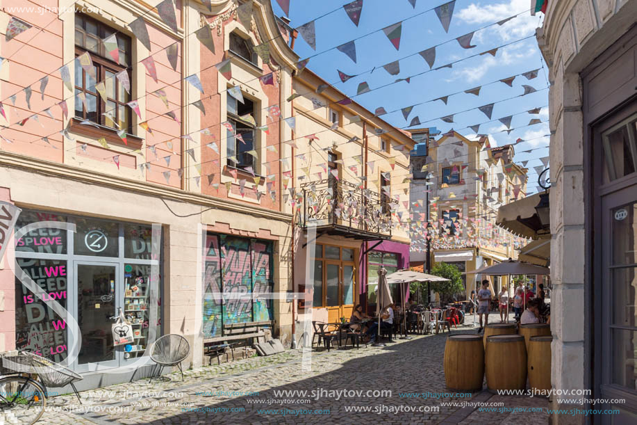 KAPANA, PLOVDIV, BULGARIA - JULY 5, 2018:  Street and houses in district Kapana, city of Plovdiv, Bulgaria