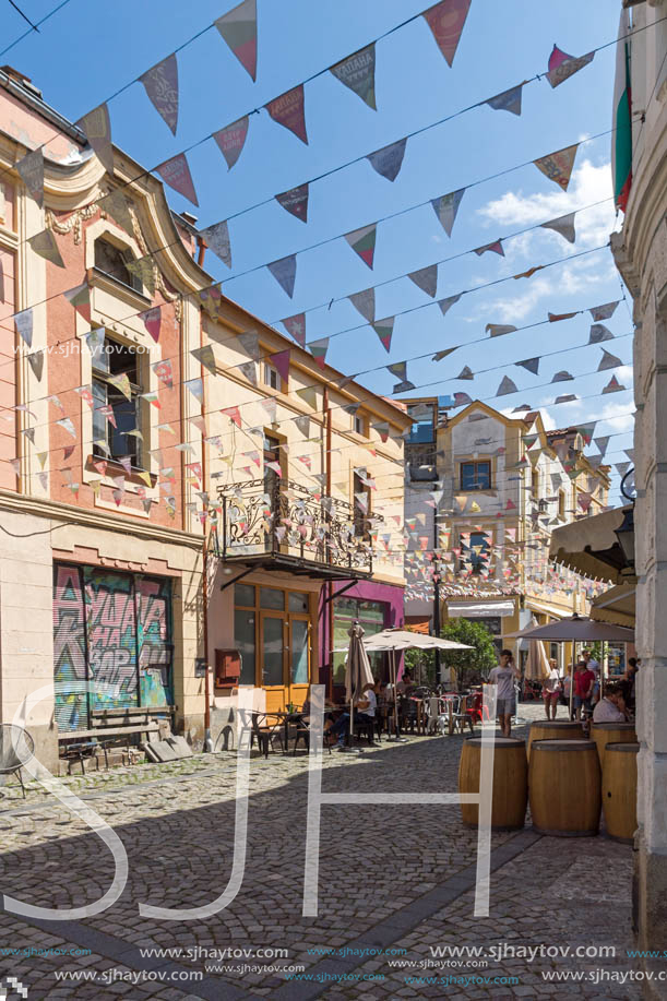 KAPANA, PLOVDIV, BULGARIA - JULY 5, 2018:  Street and houses in district Kapana, city of Plovdiv, Bulgaria