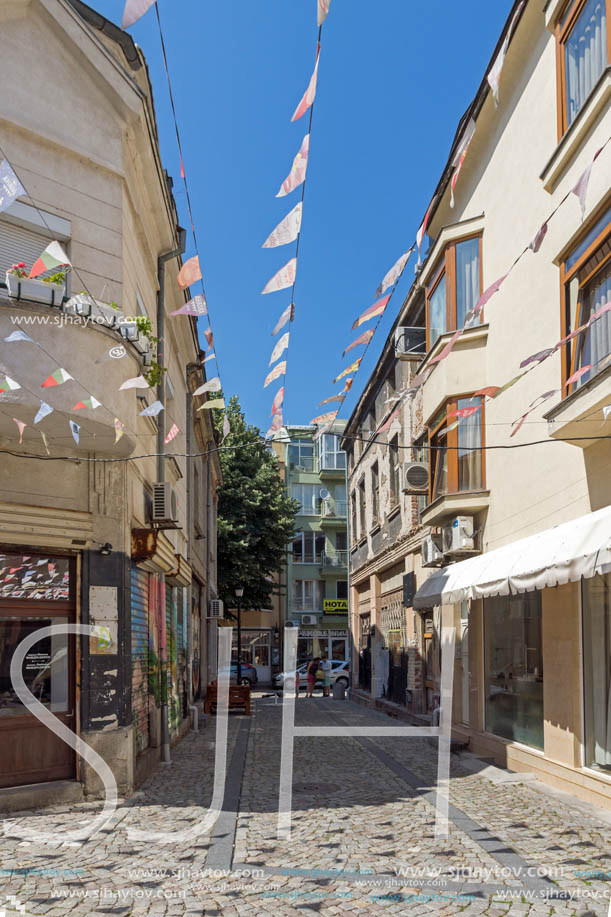 KAPANA, PLOVDIV, BULGARIA - JULY 5, 2018:  Street and houses in district Kapana, city of Plovdiv, Bulgaria