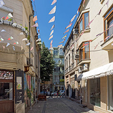 KAPANA, PLOVDIV, BULGARIA - JULY 5, 2018:  Street and houses in district Kapana, city of Plovdiv, Bulgaria