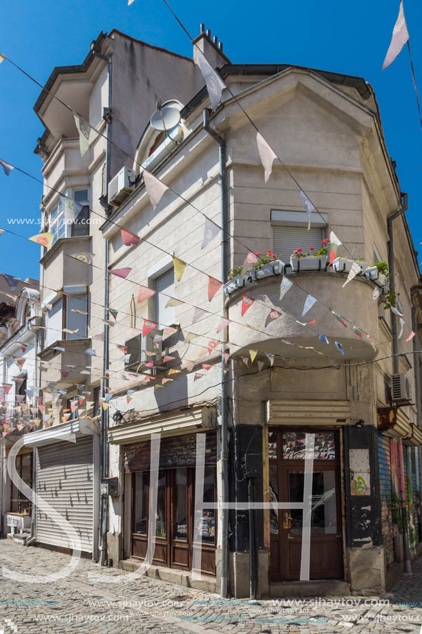 KAPANA, PLOVDIV, BULGARIA - JULY 5, 2018:  Street and houses in district Kapana, city of Plovdiv, Bulgaria