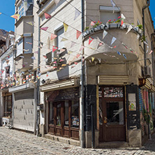 KAPANA, PLOVDIV, BULGARIA - JULY 5, 2018:  Street and houses in district Kapana, city of Plovdiv, Bulgaria