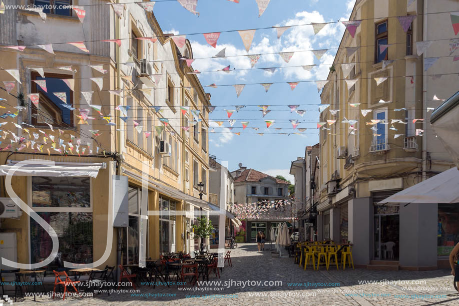 KAPANA, PLOVDIV, BULGARIA - JULY 5, 2018:  Street and houses in district Kapana, city of Plovdiv, Bulgaria