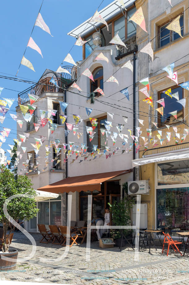 KAPANA, PLOVDIV, BULGARIA - JULY 5, 2018:  Street and houses in district Kapana, city of Plovdiv, Bulgaria