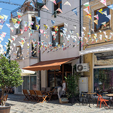 KAPANA, PLOVDIV, BULGARIA - JULY 5, 2018:  Street and houses in district Kapana, city of Plovdiv, Bulgaria