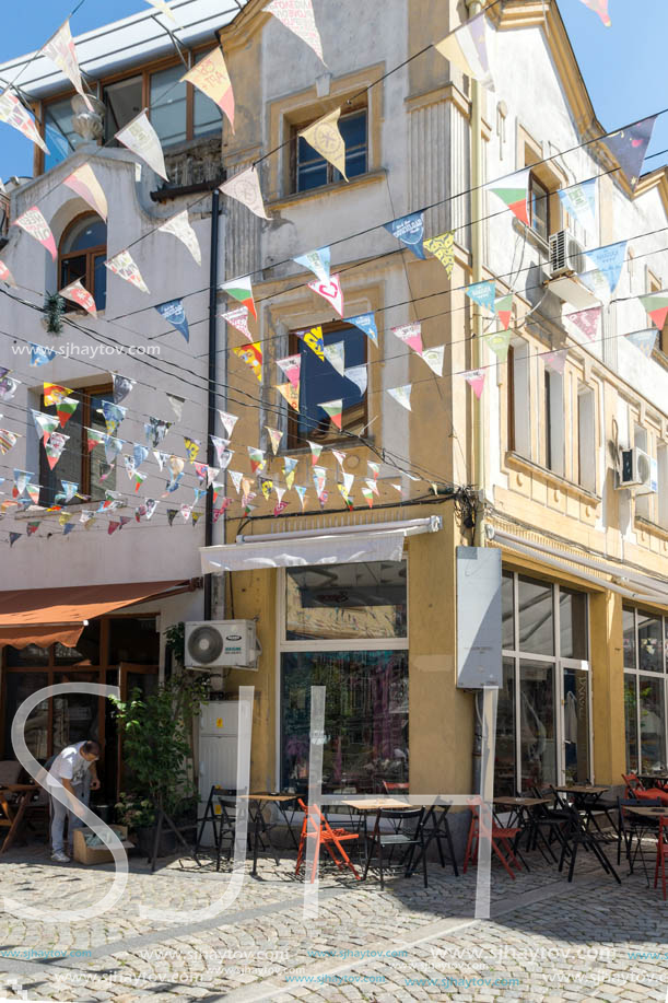 KAPANA, PLOVDIV, BULGARIA - JULY 5, 2018:  Street and houses in district Kapana, city of Plovdiv, Bulgaria